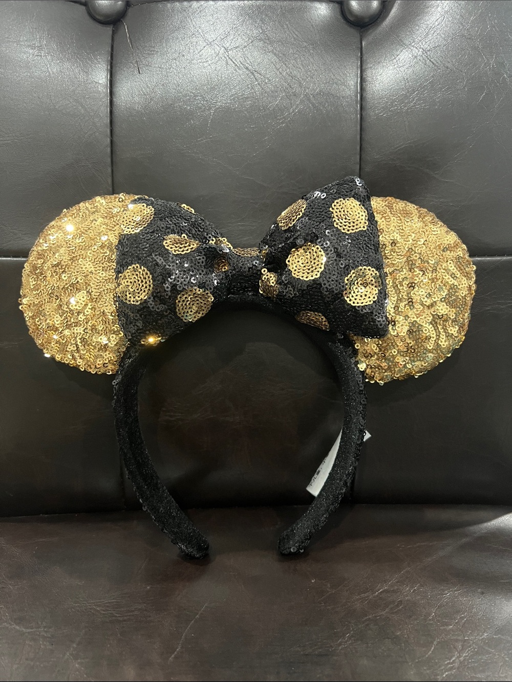 Disney Sequin Minnie Ears Headband - Black & Gold Polka Dot Bow